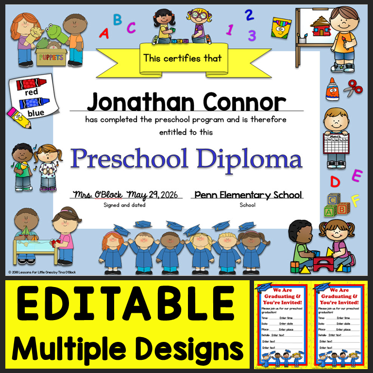 Editable Preschool Diplomas & Graduation Invitations
