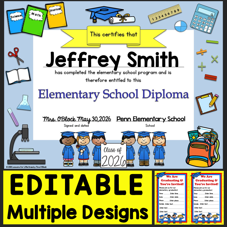 Editable Elementary School End of the Year Certificates Diplomas Celebration Invitations