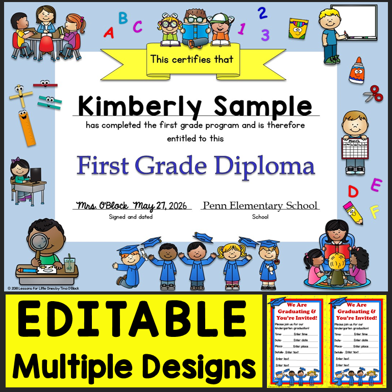 editable first grade end-of-the-year certificates, diplomas, and celebration invitations