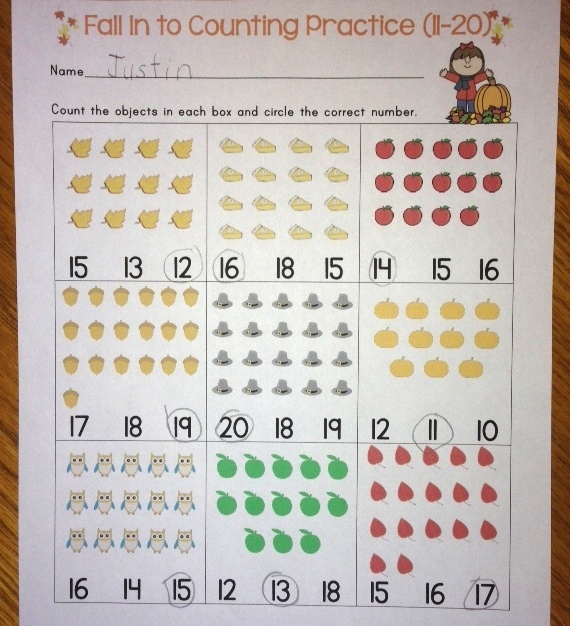 fall counting & numbers worksheet