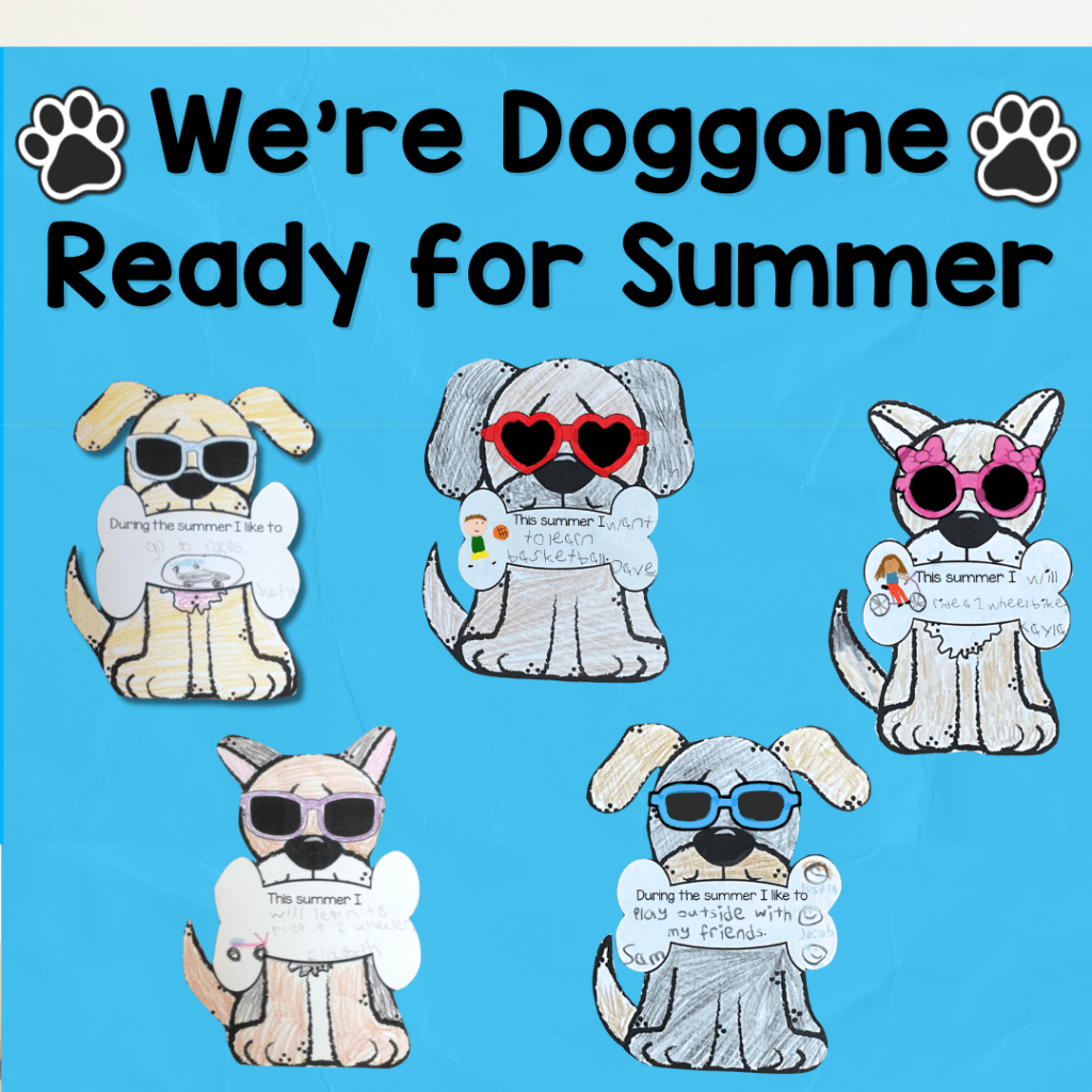 summer bulletin board with dog themed crafts and writing prompts