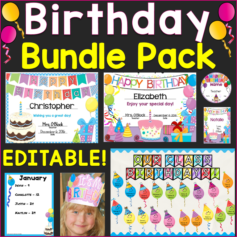 Birthday Bundle Editable Certificates Bulletin Boards Gift Tags