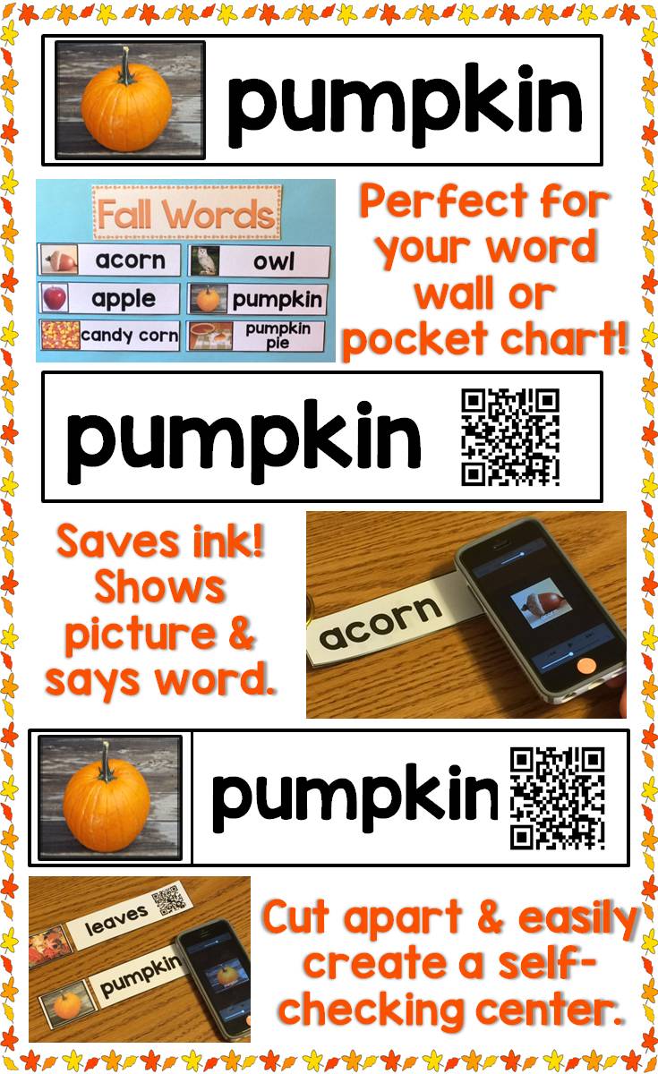 Fall Word Wall Cards with QR Codes & Real Photos