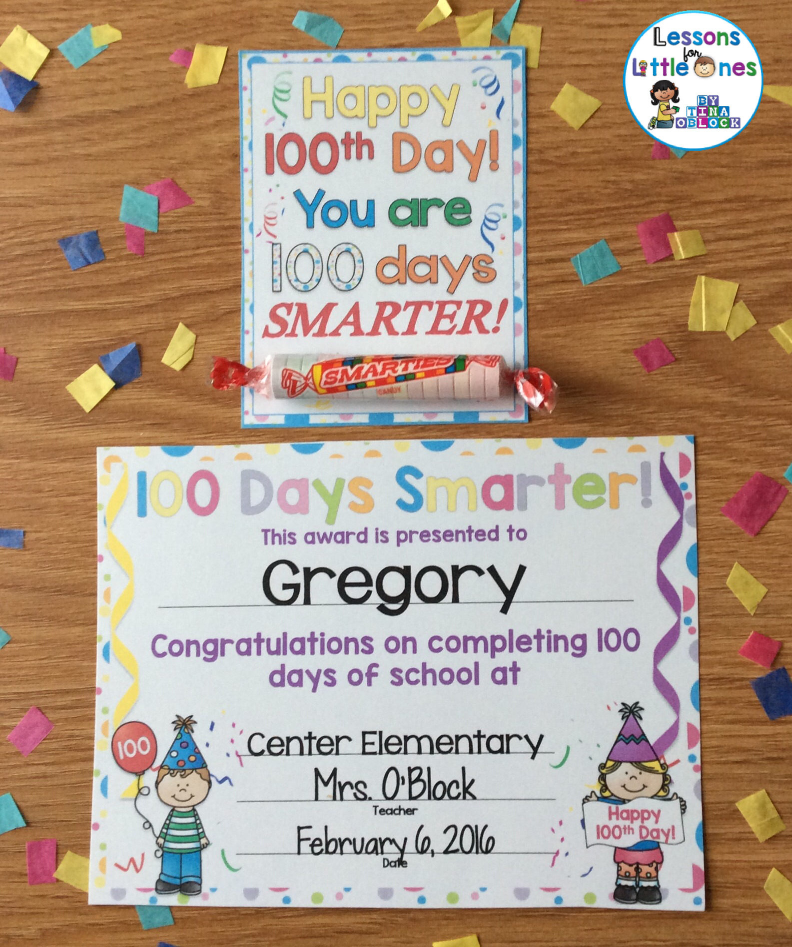 100 Days Smarter treat tag and student award / certificate