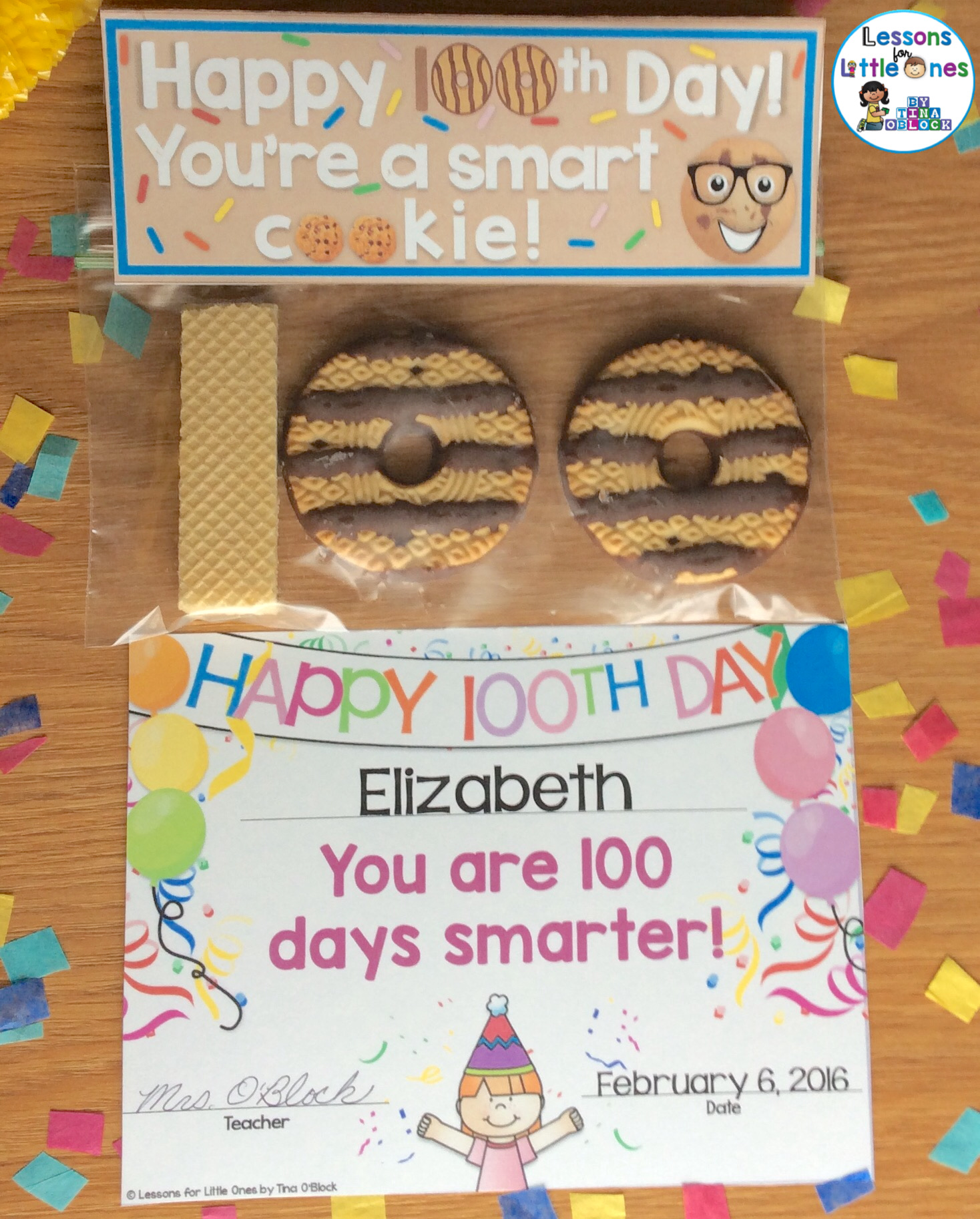 100th day of school smart cookie treat bag topper and Happy 100th Day award