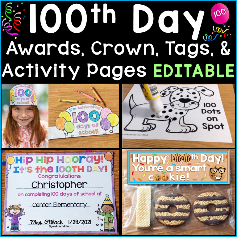 100th Day of School Crown, Activities, Certificates, Treat Tags Editable