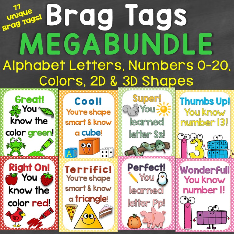 Brag Tags Mega Bundle (Alphabet Letters, Numbers 0-20, Colors, 2D & 3D Shapes)