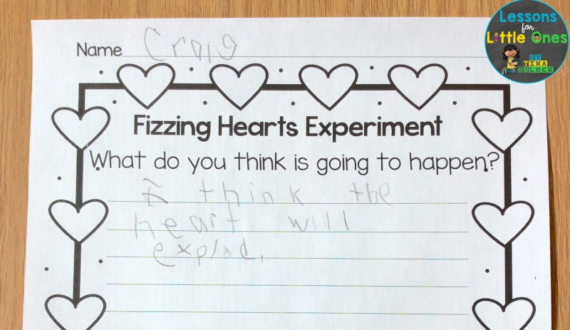 valentine science experiment baking soda & vinegar fizzing hearts page