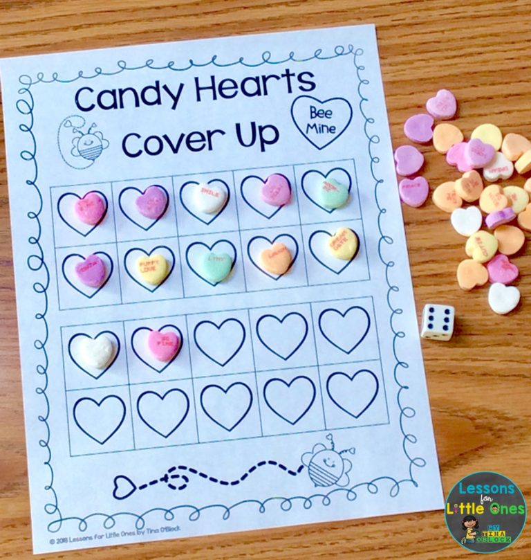 Valentine's Day math center counting candy hearts cover up