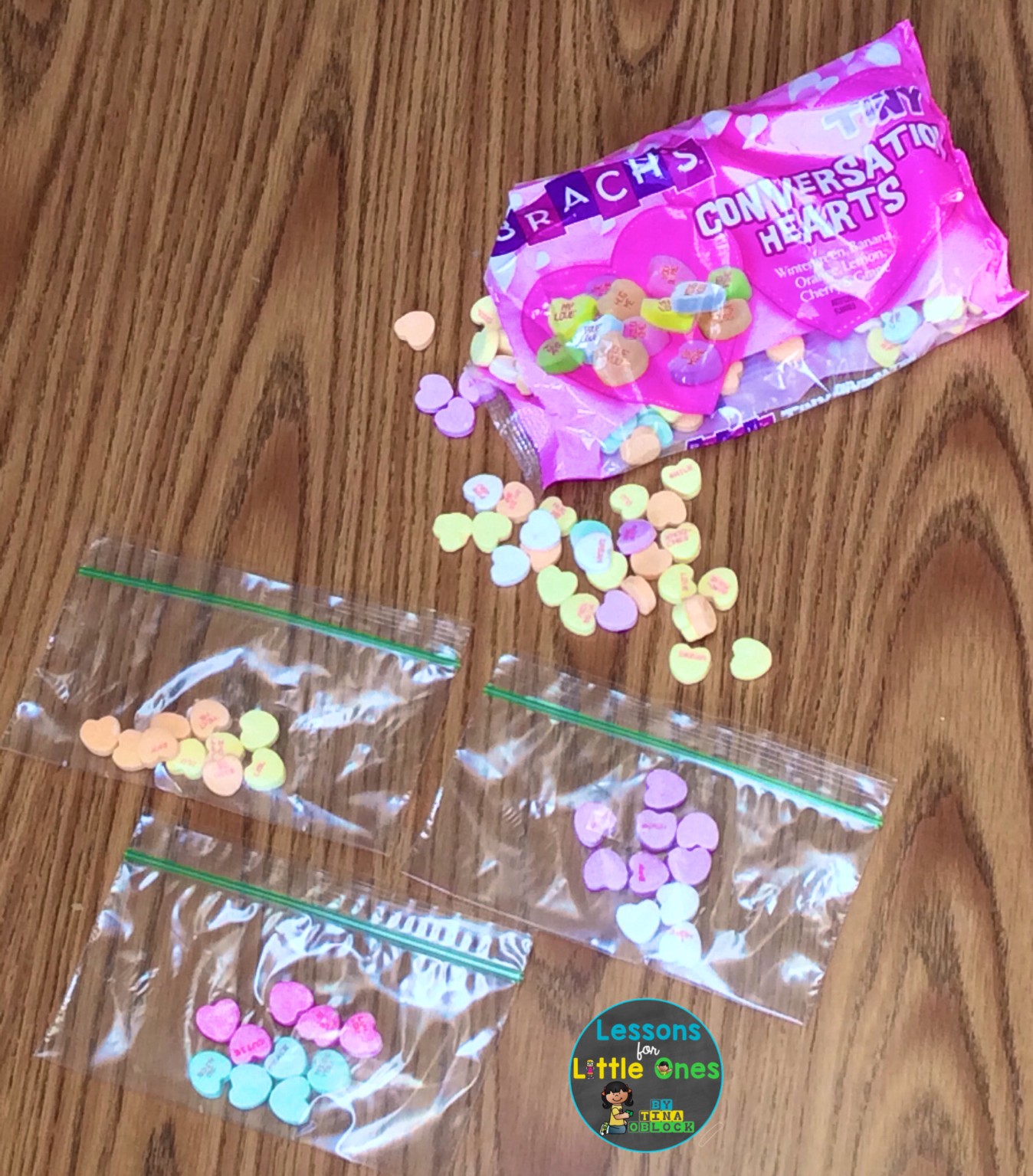 sorting candy hearts for valentine math center