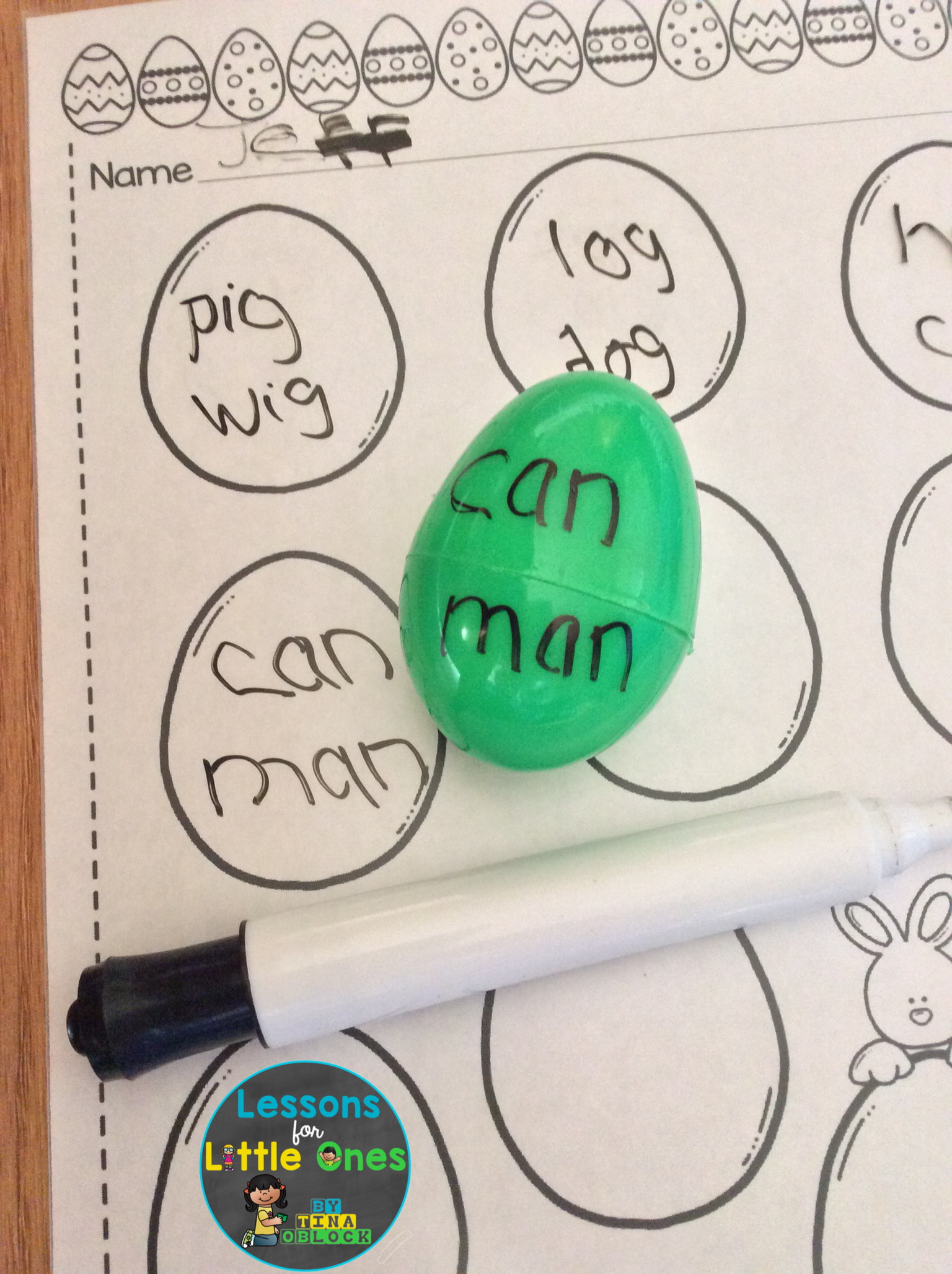 rhyming words literacy center with plastic eggs
