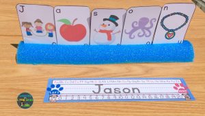 name recognition activity cards and pool noodle card holder