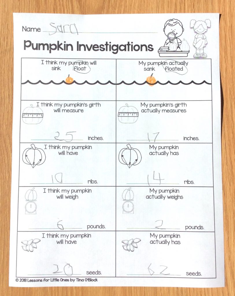 Pumpkin investigation page for kindergarten, first grade, second grade