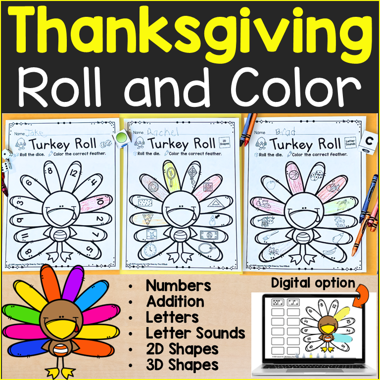 Thanksgiving Roll and Color, Roll and Cover Games Kindergarten First Grade