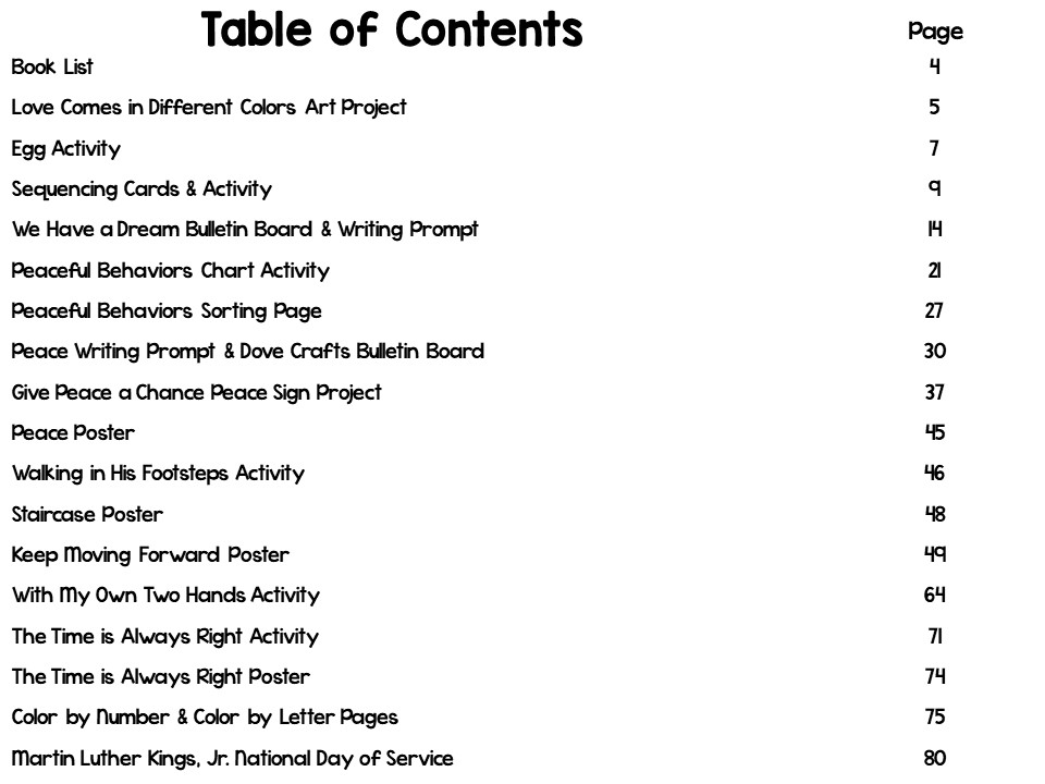 table of contents for Martin Luther King, Jr. resource