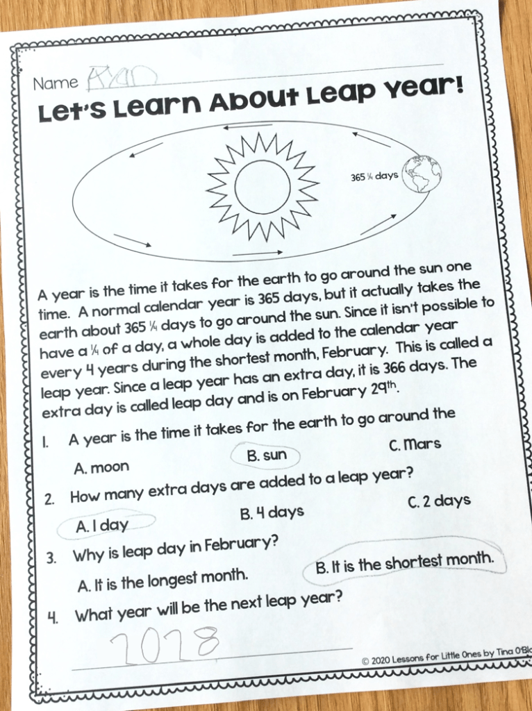 leap year information page for elementary kindergarten students