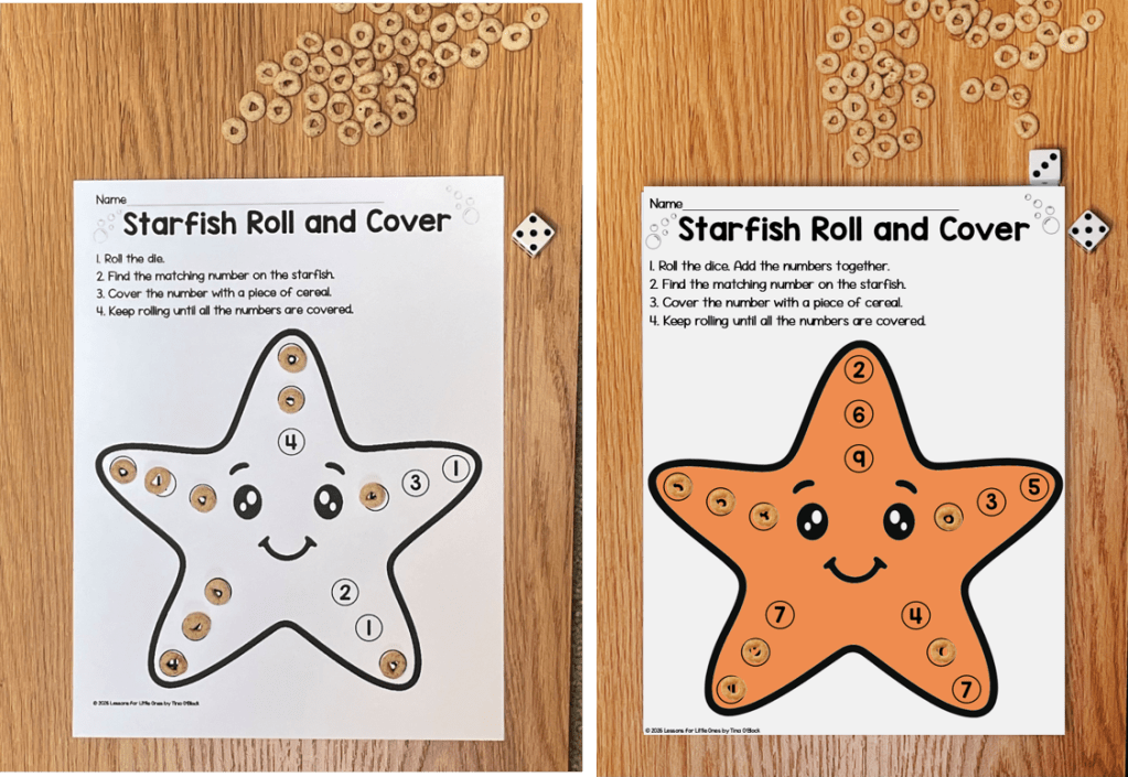 starfish roll and cover math crafts and games differentiated for kindergarten and first grade