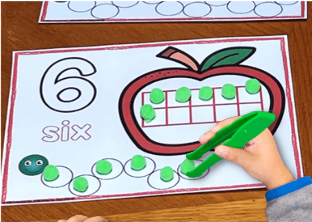 play dough mat numbers to 20 pom-poms and tweezers