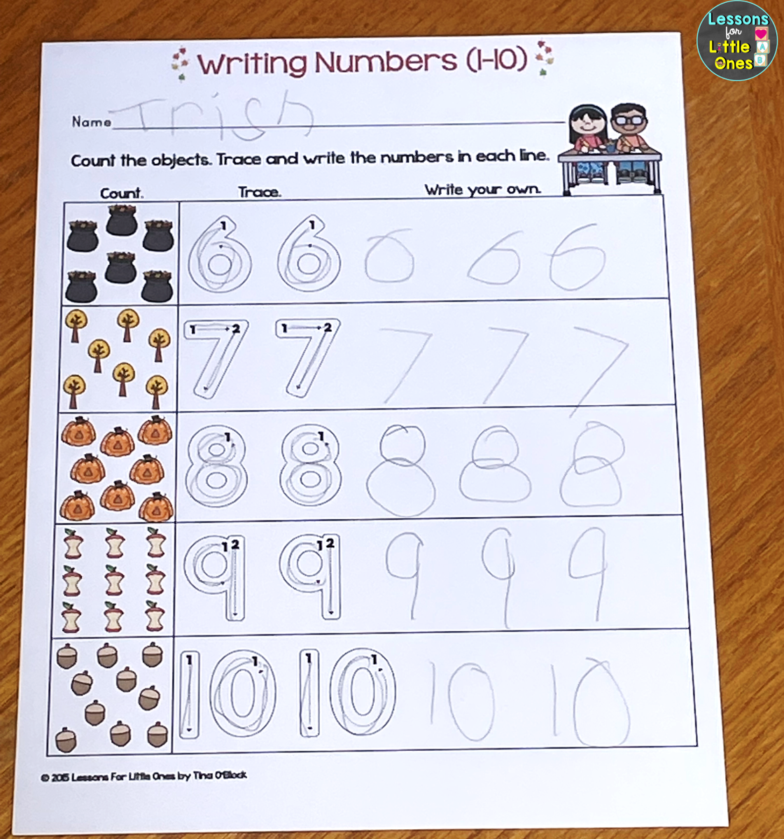 writing numbers page for numbers 1-10