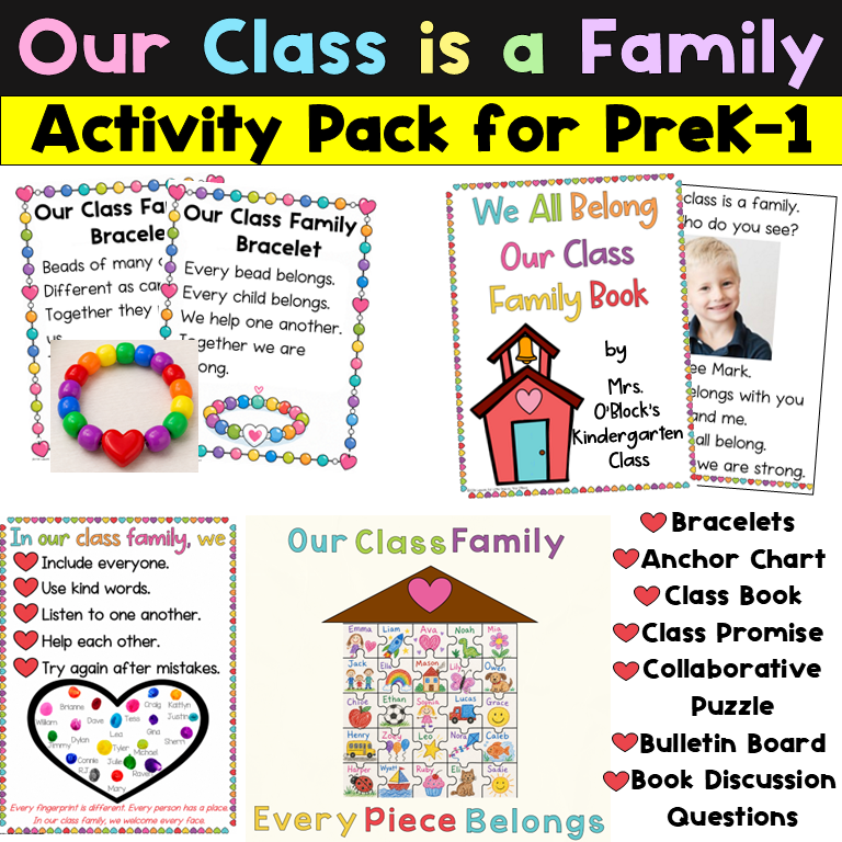 Our Class is a Family Activities, Bracelet, Display, Puzzle, Anchor Chart for Preschool Kindergarten First Grade