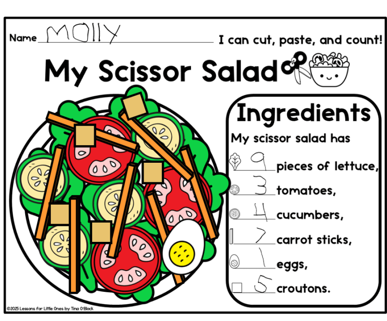 scissor salad cutting page with counting practice preschool kindergarten