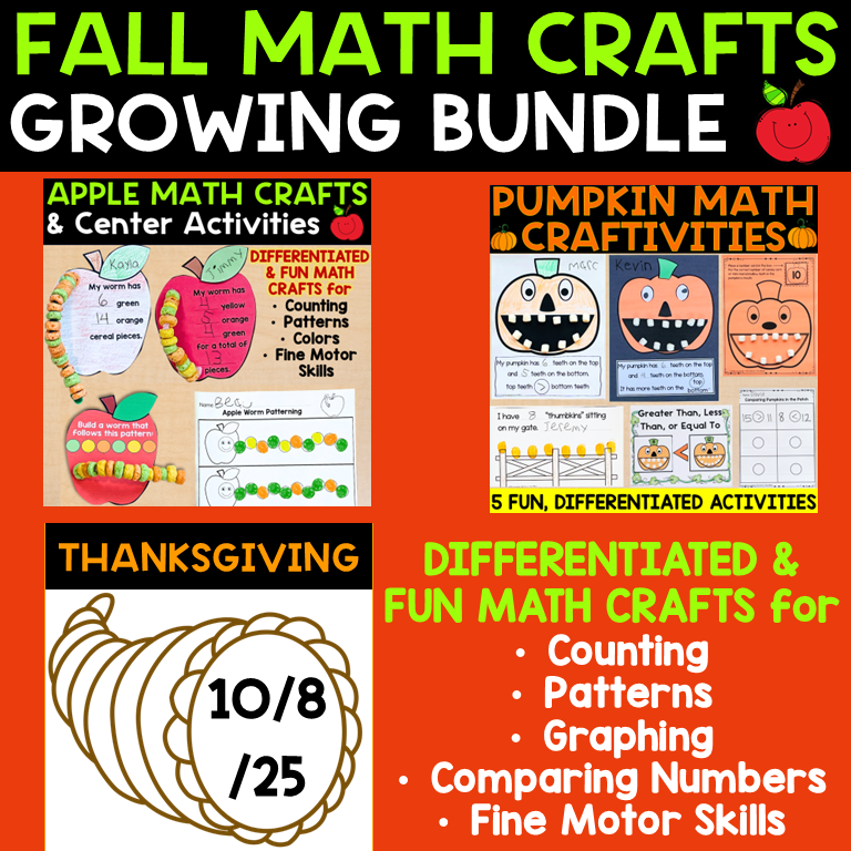 Fall Math Crafts & Centers Growing Bundle Apples, Pumpkins, Thanksgiving