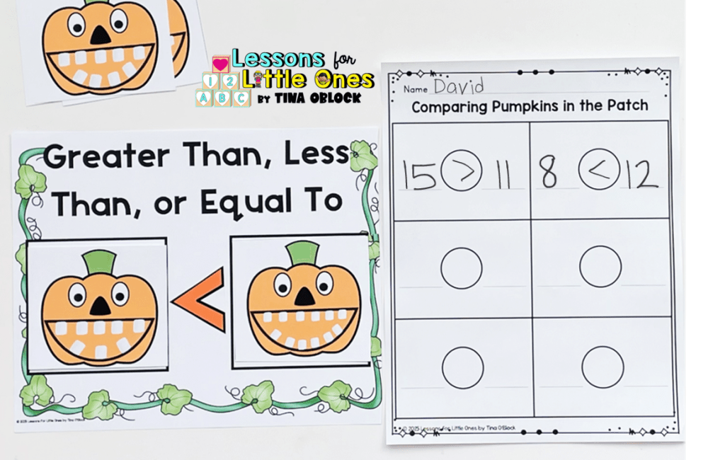 fall math center greater than less than kindergarten first grade