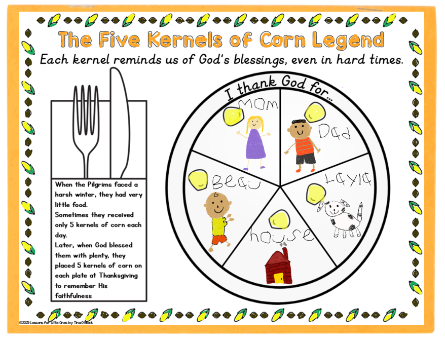 5 kernels of corn legend Thanksgiving placemat