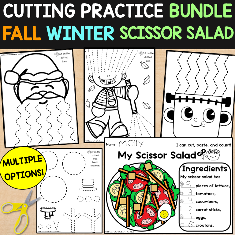 Cutting with Scissors Practice Bundle Preschool Kindergarten Fall Winter Scissor Salad