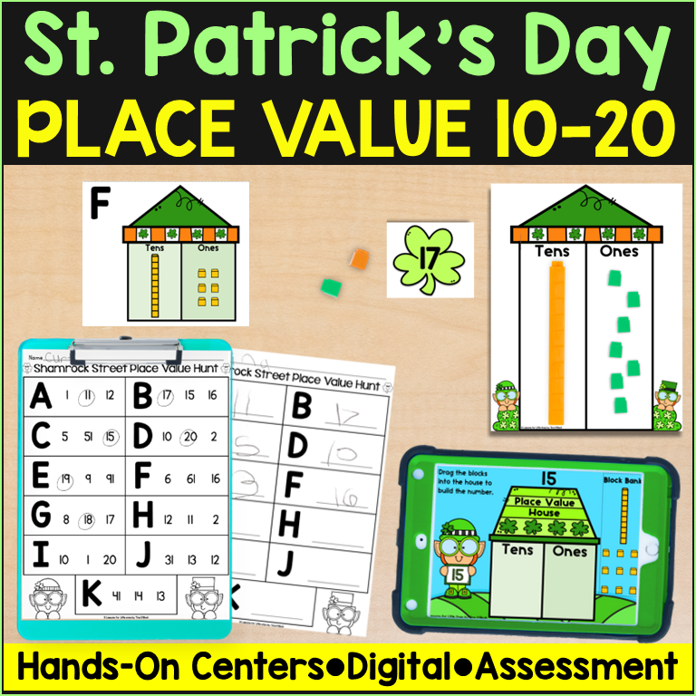 St. Patrick's Day Place Value Math Centers Digital and Print Kindergarten First Grade