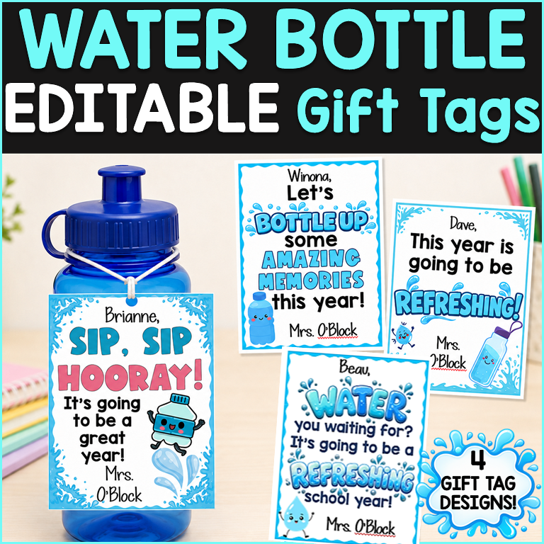 Editable Water Bottle Gift Tags for students